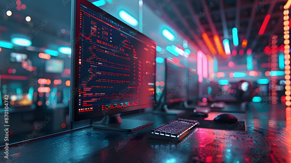 Poster dynamic coding workspace with dual monitors in vibrant neon hues