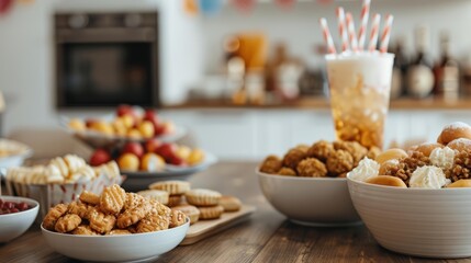 Obraz premium Delicious assortment of snacks and treats on a kitchen table, perfect for a party or gathering with friends.