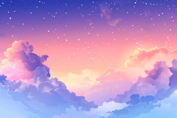 A pastel sky with clouds and stars