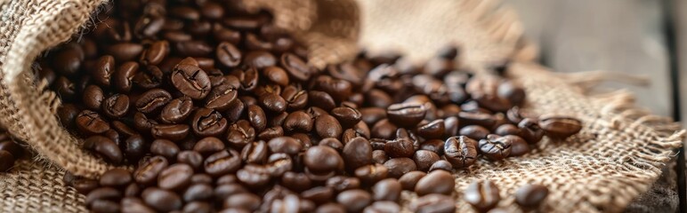 Naklejka premium Close-up of coffee beans spilling from burlap sack