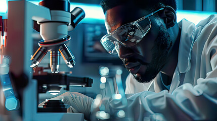 Fototapeta premium Detailed view of African-American scientist in modern lab researching microelectronics and processors manufacturing worker using computer technology and equipment high-tech environment 
