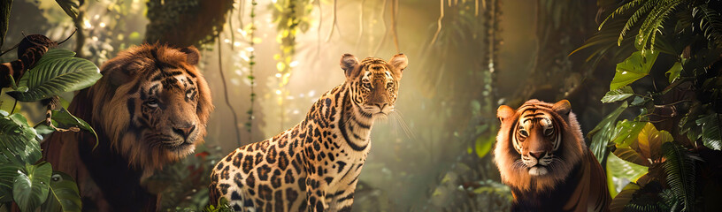 Naklejka premium A captivating scene of a group of majestic big cat predators including tigers lions and leopards gathered together in a lush verdant jungle setting The powerful felines both adults and cubs