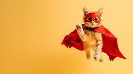Adorable orange tabby cat kitten dressed up as a superhero complete with a red cape and mask jumping and flying on a light yellow background with copy space