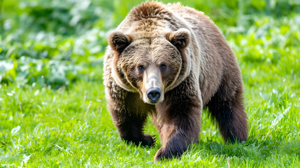 Fototapeta premium Powerful and Dangerous Brown Bear Ursus Arctos Approaching Aggressively from Front View on Green Grass in Summer Meadow or Field Fearsome Predator Wildlife Photography
