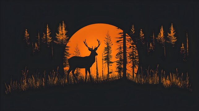 Silhouetted wild animal likely a deer or buck standing in a dark forest landscape with tall trees and tall grass  The animal s outline is backlit by a glowing orange sunset