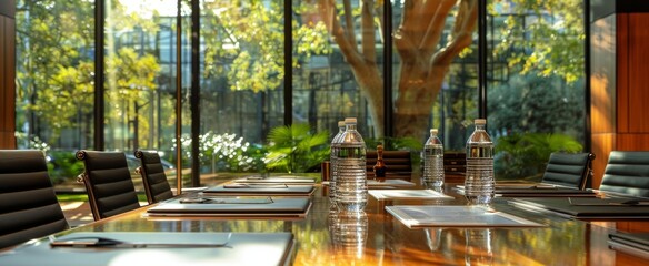 Modern Conference Room With Large Windows Overlooking Greenery in the Daylight