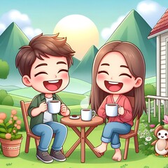 A man and woman happily sit and drink coffee.