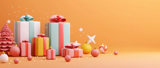 Colorful Gift Boxes and Festive Decorations on Orange Background for Holiday Celebrations