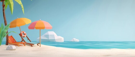 Tranquil Tropical Beach Scene with Colorful Umbrellas and Clear Blue Sky in Low Poly Art Style