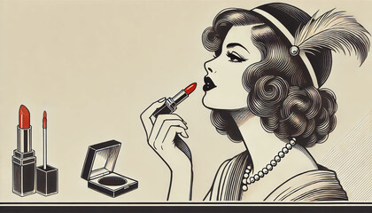 Vintage 1930s-style cosmetics advertisement with elegant woman applying lipstick