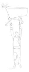 One continuous line of Man pointing with finger and Shopping Cart. Thin Line Illustration vector concept. Contour Drawing Creative ideas.