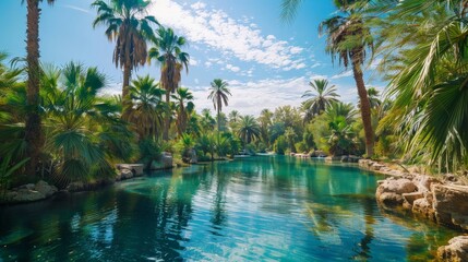 Obraz premium An oasis appears like a mirage in the desert, its lush palm trees and clear water offering a haven of life.