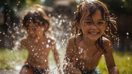 Obraz premium Close-up of children running through a sprinkler on the front lawn at home Water droplets are captured in mid-air glistening in the sunlight as the kids laugh and play in the refreshing spray The