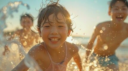 Obraz premium A close-up of a vibrant family moment at the sea beach, featuring two kids and their parents running through a water splash. The children's ecstatic expressions and the parents' beaming smiles create
