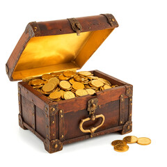 Old Treasure Chest with  coin, Isolated on white background