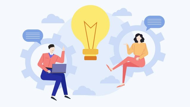 business teamwork discussion with lightbulb isolated on white background animated illustration video
