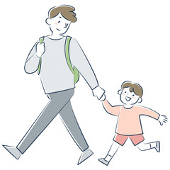 手をつないで歩く男の子と父親
