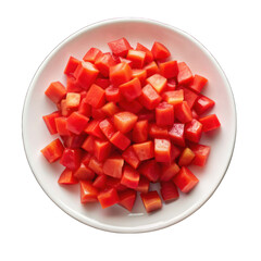 Chopped tomatoes cubes on white plate isolated on transparent background