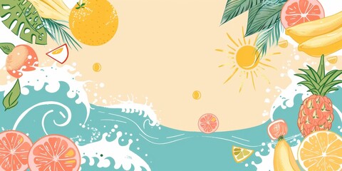 Tropical Doodle Delight - Cheerful Summer Fruits, Sun, and Waves on Fresh Solid Background for Playful Designs