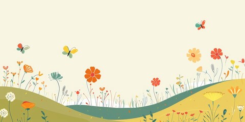 Serene Summer Vibes - Minimalist Landscape with Doodle Flowers and Butterflies
