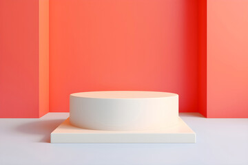 Minimalist 3d background with white round podium displaying on vivid peach color
