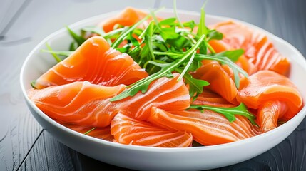 Fresh salmon sashimi slices served with greens in a white bowl on a dark wooden table, ready for a delicious meal.