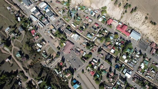 Birdseye Aerial View of Creede, Colorado USA, Downtown Buildings of Former Mining Town on Hot Sunny Day