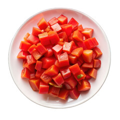 Chopped tomatoes cubes on white plate isolated on transparent background