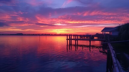 Fototapeta premium As the first light of dawn breaks the horizon, the sky transforms into a canvas of pinks, oranges, and purples, signaling the beginning of a new day.