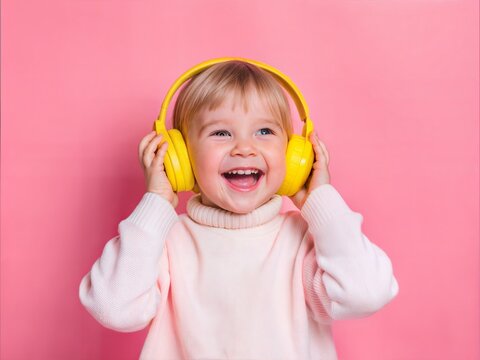 "Happy Child Listening to Music with Headphones"
