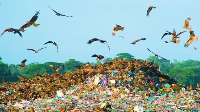 Flock of birds flying over urban landfill, pollution concept
