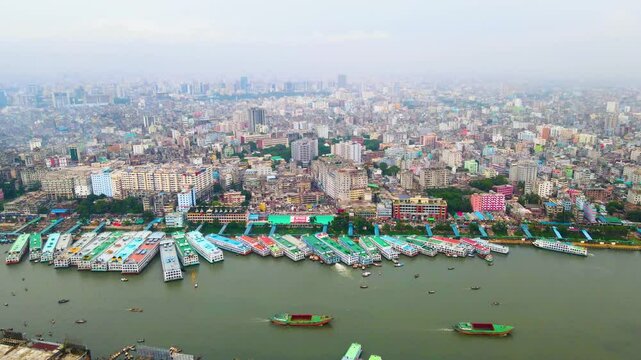 Cityscape And Port Harbor Along Buriganga River In Dhaka, Bangladesh.
