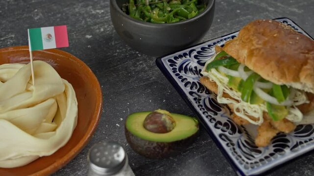 Mexican dinner, Cemita, Oaxaca Cheese with a little mexican flag