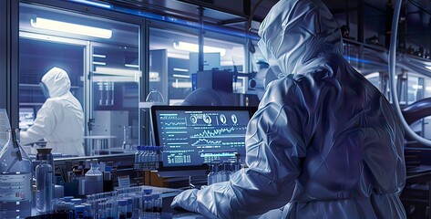 Research lab with scientist in protective clothing over the shoulder perspective using computer modern manufactory semiconductors pharmaceuticals cinematic lighting 