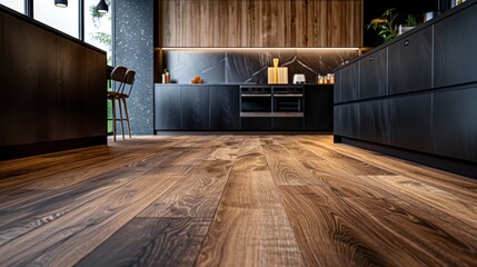 Sleek Elegance: Close-Up of a Modern Black Kitchen with Natural Wood Accents