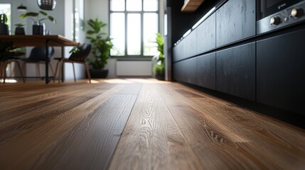 Obraz premium Sleek Elegance: Close-Up of a Modern Black Kitchen with Natural Wood Accents