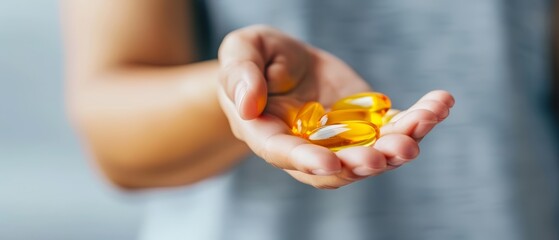 Hand holding yellow gel capsules. Close-up shot highlighting health, medication, and wellness. Ideal for health-related content and promotions.