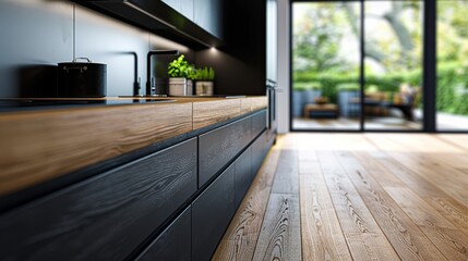 Fototapeta premium Sleek Elegance: Close-Up of a Modern Black Kitchen with Natural Wood Accents