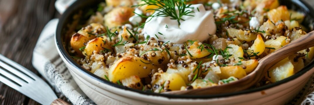 A traditional Lithuanian dish known as kugelis a savory potato and buckwheat casserole served with a dollop of sour cream.