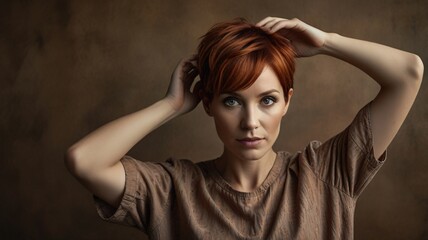 Portrait of a young woman with short red hair looking directly at the camera, posing with hands on head, neutral background.