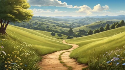Serene Summer Landscape with Rolling Hills and a Setting Sun