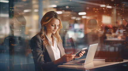 Businesswoman sits at a cafe table working on her laptop with mobile phone