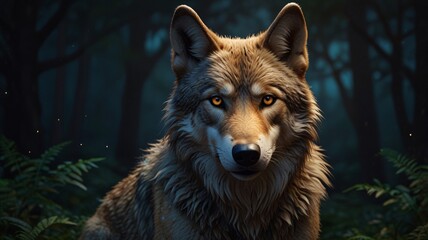 Obraz premium Majestic wolf in a dark, mysterious forest setting, showcasing natural beauty and wilderness. Perfect for wildlife photography enthusiasts.