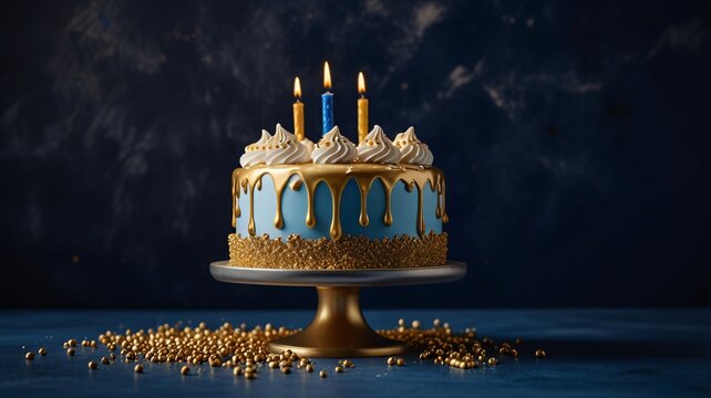Elegant blue and gold birthday cake with three candles on a stand, surrounded by golden decorations, against a dark background.