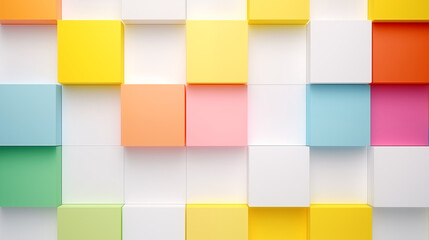 Vibrant pasteboard squares in different sizes and colors randomly placed.