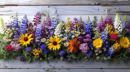 Beautiful Mixed Wildflower Arrangement Against Rustic Wooden Background with Colorful Blooms of Sunflowers, Lupines, and Other Flowers