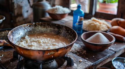 Rustic kitchen scene with copper pan on the stove, where white cocada is being prepared