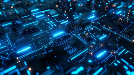 Obraz premium Illuminated Circuit Pathways in a Dark Futuristic Tech Theme with Electric Blue Glow