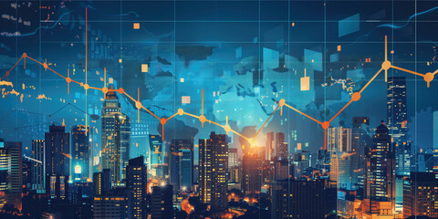 Obraz premium High-Tech Urban Landscape with Digital Financial Charts, Future Economy Visualization