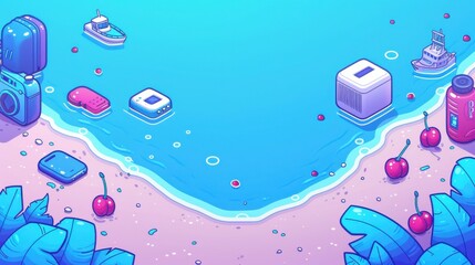 Vibrant Digital Artwork of Seaside Fantasy with Gadgets, Cherries, and Cartoonish Elements in a Tropically Themed Beach Setting